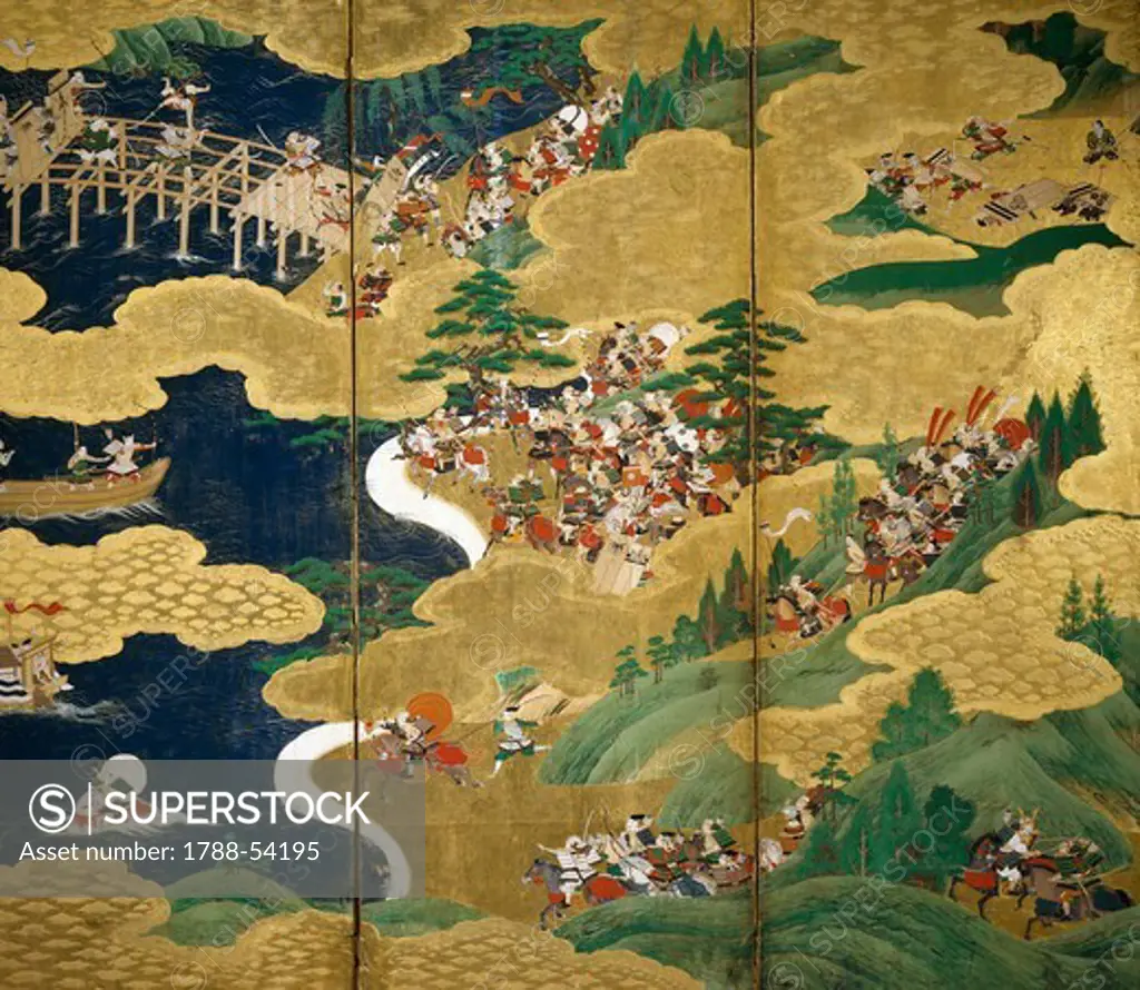 Byobu (screen) scenes from the 12th century Gempei war. Japan Tosa School, Edo Period, early 17th century.