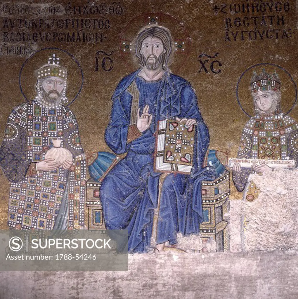 Mosaic depicting Christ on the throne with the Empress Zoe and the right to her third husband, the Emperor Constantine IX Monomachus, the first half of 11th century, south gallery of Hagia Sophia, historic areas of Istanbul (UNESCO World Heritage Site, 1985). Turkey.