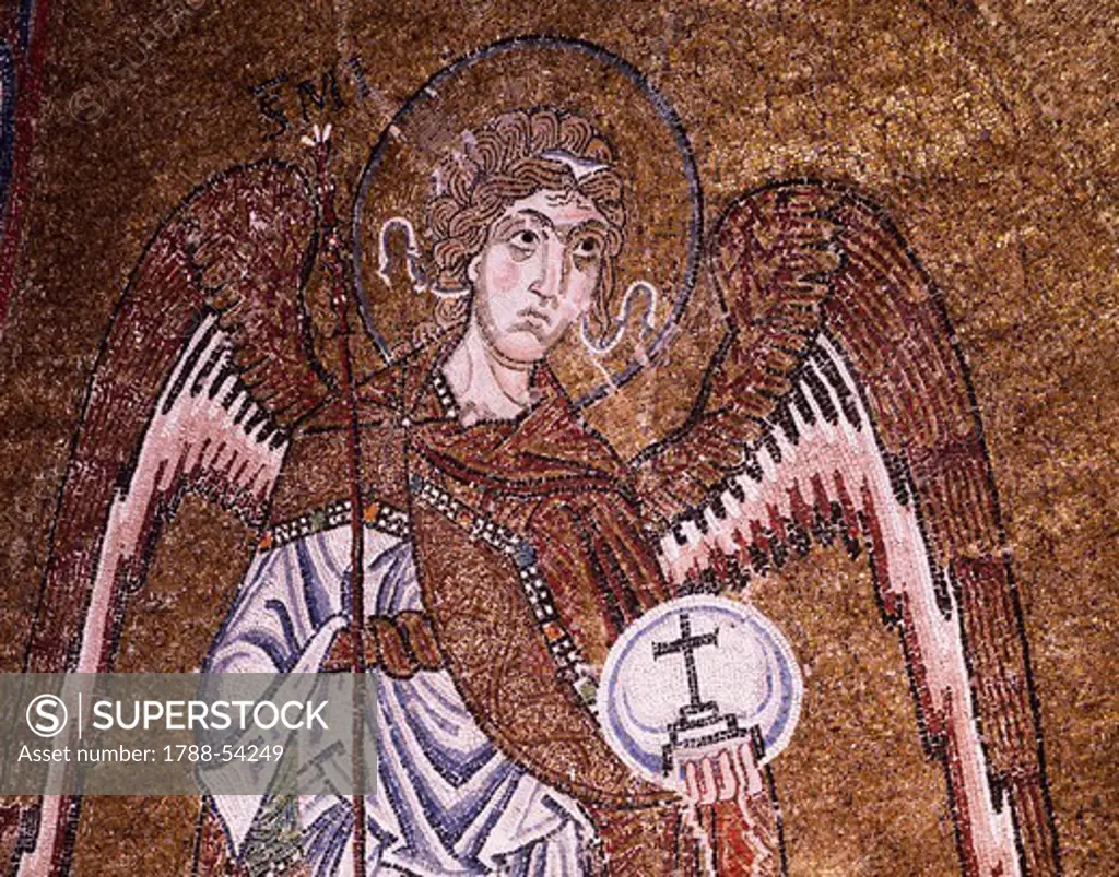 Half-figure of Archangel Michael, detail from the enthroned Virgin with archangels and apostles, mosaic, Chapel of the Blessed of Holy Sacrament, or apse of Santa Maria Assunta, Trieste Cathedral (dedicated to St Justus or Cattedrale di San Giusto), Trieste, Friuli-Venezia Giulia. Italy, 12th century.