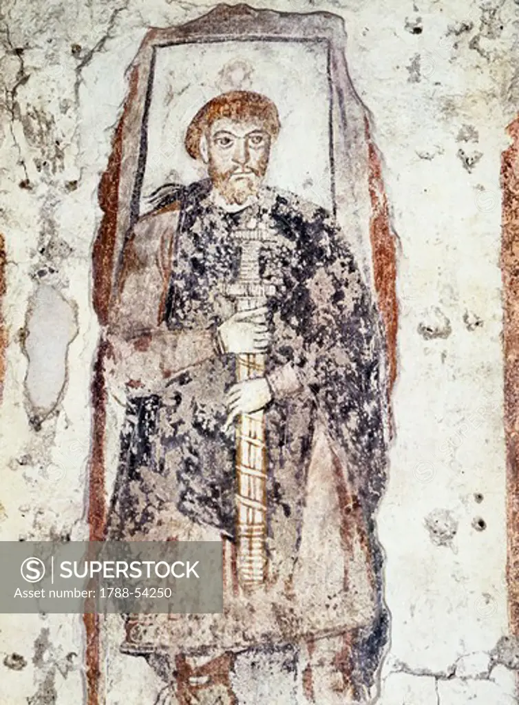 Portrait of the secular Church founder, a Franco-Carolingian overlord depicted with a sword, fresco, San Benedetto (St Benedict) Church, Mals (Malles Venosta), Trentino-Alto Adige. Italy, 9th century.