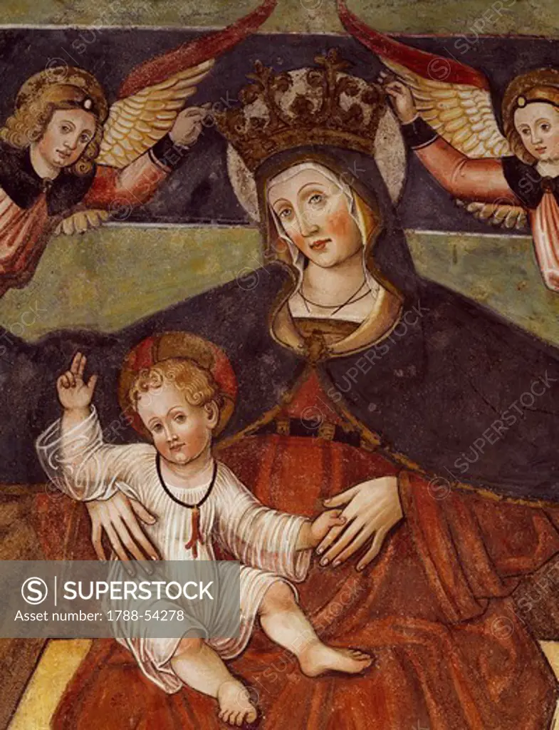 Madonna and Child Enthroned, detail from the Adoration, fresco in the Chapel of San Bernardino, Lusernetta. Italy, 15th century.