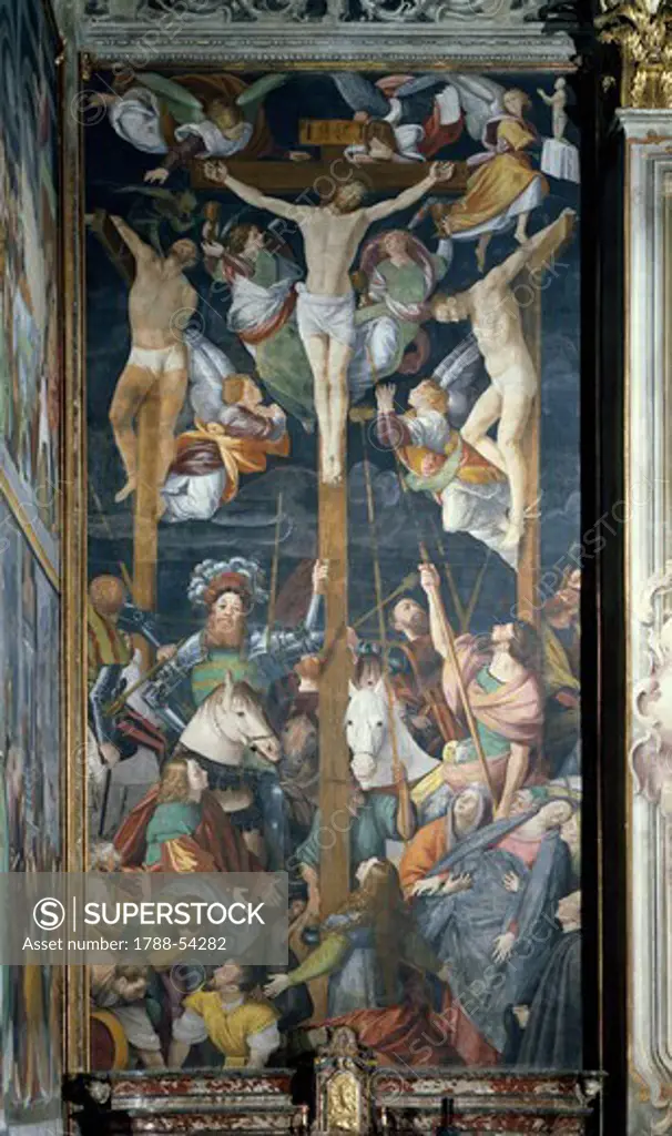 Crucifixion, fresco, by Gaudenzio Ferrari (1475-1546), 1513, in the presbytery of Church of St Christophe, Vercelli. Italy, 16th century.