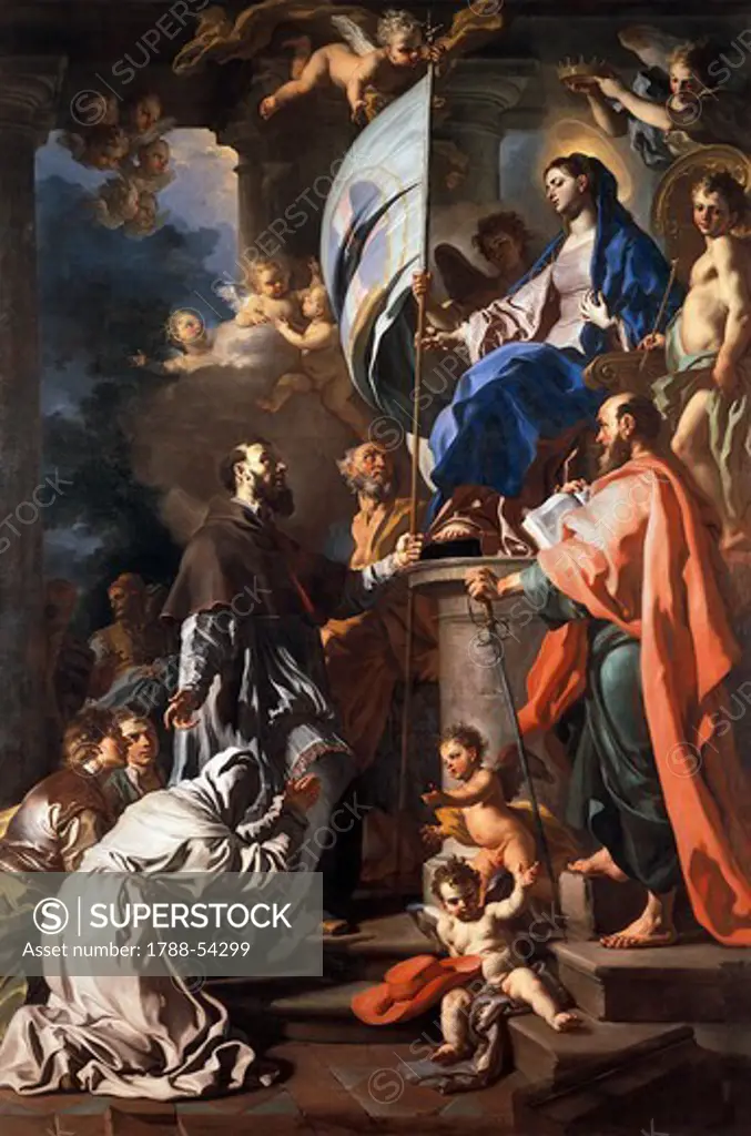 St Bonaventure Receiving the Banner of St Sepulchre from the Madonna, by Francesco Solimena (1657-1747), Cathedral of San Paolo, Aversa, Campania. Italy, 17th-18th century.
