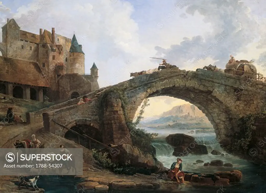 The bridge, painted by Hubert Robert (1733-1808).