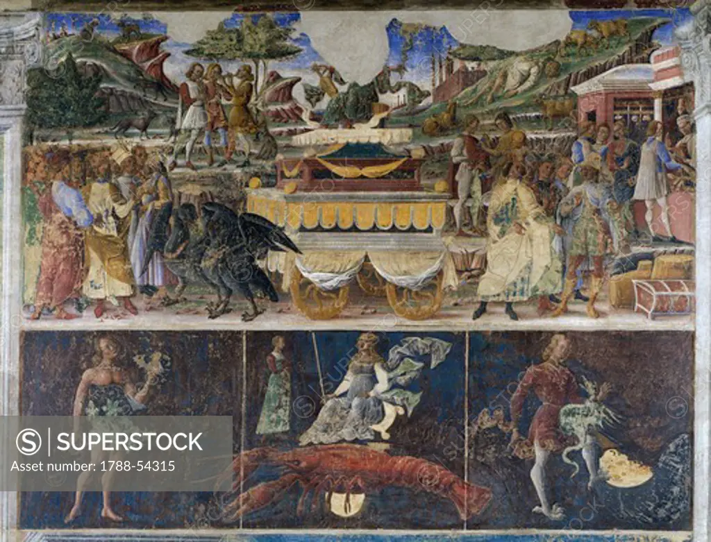 Triumph of Mercury and Sign of Cancer, scenes from Month of June, ca 1470, attributed to Master Occhi Spalancati (active 15th century), fresco, north wall, Hall of the Months, Palazzo Schifanoia (Palace of Joy), Ferrara, Emilia-Romagna. Italy, 15th century.