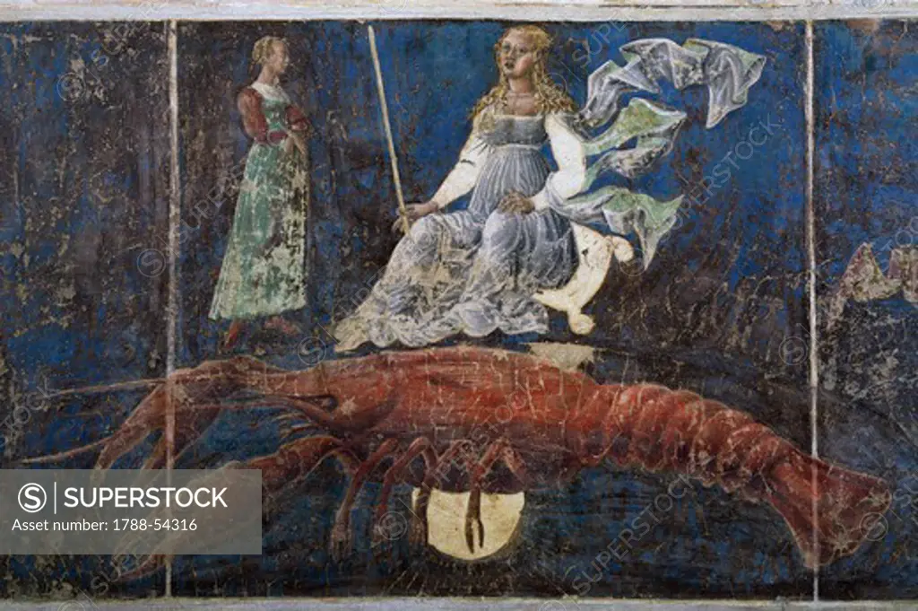 The lobster, symbol of Cancer, with a dean, detail from Sign of Cancer, scene from Month of June, ca 1470, attributed to Master Occhi Spalancati (active 15th century), fresco, north wall, Hall of the Months, Palazzo Schifanoia (Palace of Joy), Ferrara, Emilia-Romagna. Italy, 15th century.