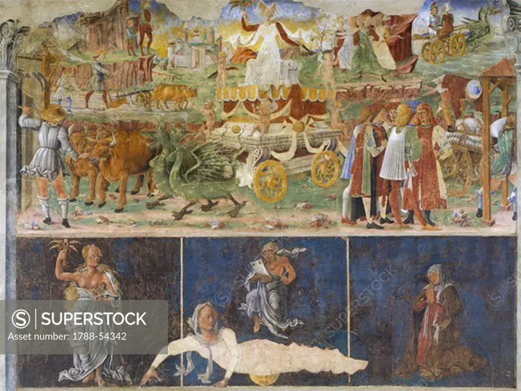 Triumph of Ceres and Sign of the Virgin with three deans, scene from Month of August, ca 1470, attributed to Cosimo Tura, (ca 1430-1495) and Master of Ercole, fresco, north wall, Hall of the Months, Palazzo Schifanoia (Palace of Joy), Ferrara, Emilia-Romagna. Italy, 15th century.