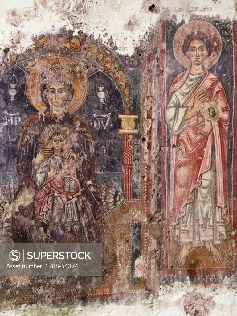 Madonna enthroned with Child and Saint Thomas Apostle, 12th century, fresco by the Provincial Master, Church of Santa Maria in Grotta, Rongolise, Sessa Aurunca, Campania. Italy, 12th century.