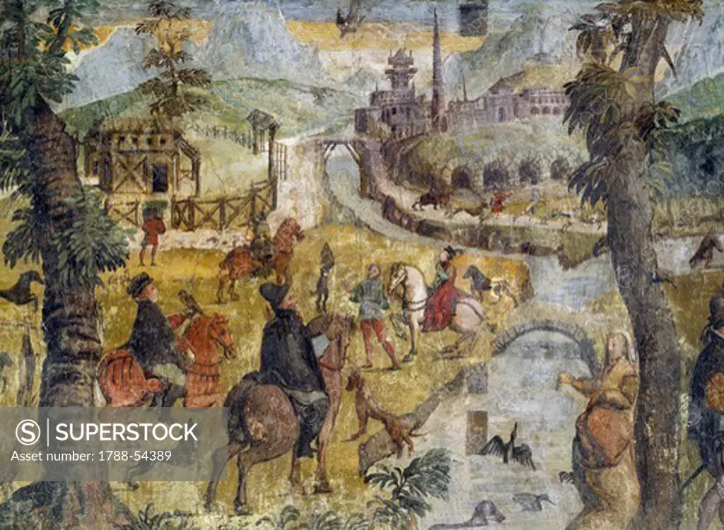 Hunting scene, ca 1548, by Marcello Fogolino (born between 1483-1488, died 1548), fresco, Palazzo Lantieri, Gorizia, Friuli-Venezia Giulia. Italy, 16th century.