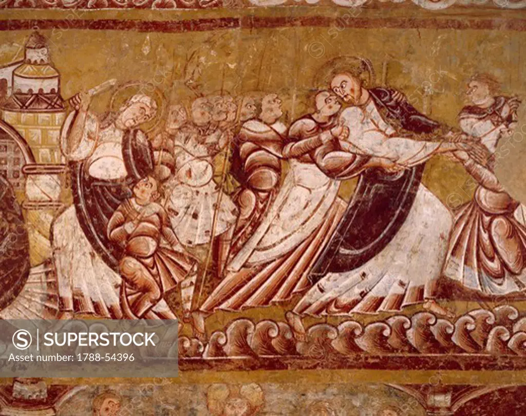 Judas' betrayal of Jesus, fresco in the Church of Saint-Martin, Vic-en-Bigorre, France, 12th century.