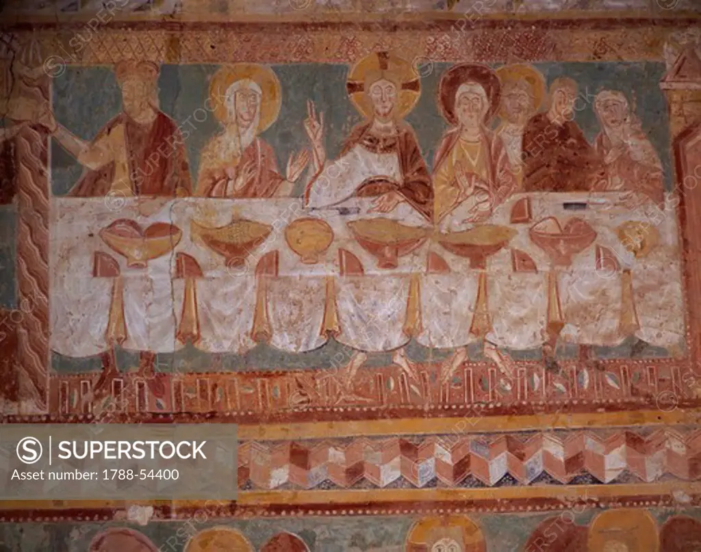 The Wedding at Cana, 12th century Romanesque fresco on the south wall of the Church of Saint-Aignan, Brinay sur Cher, France.