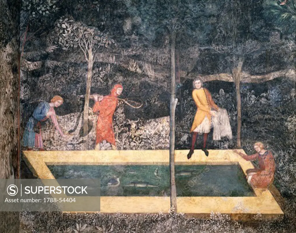 Four people around a pond catching fish, detail from a fresco by Matteo di Giovanetto (1300-1369) from the Stag Room of the Papal Palace in Avignon (UNESCO World Heritage List, 1995), France.