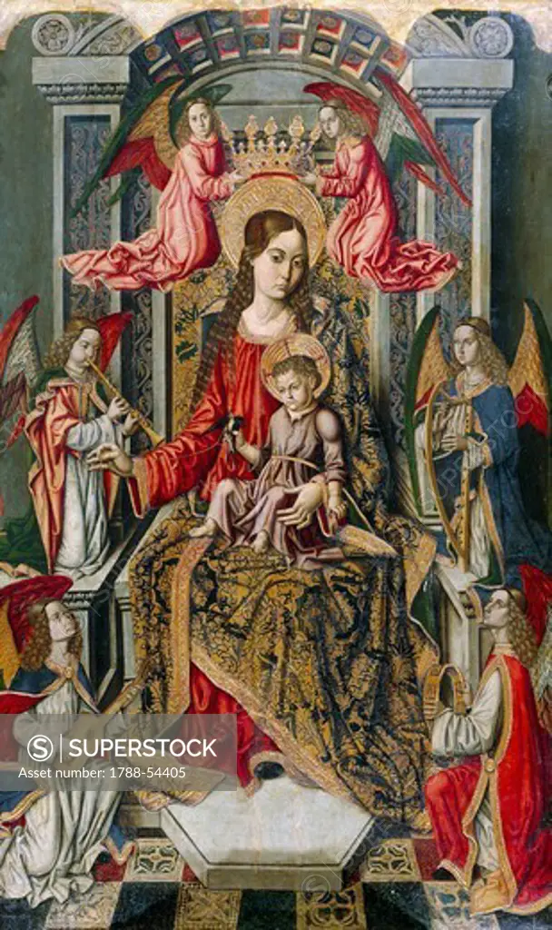 Madonna Enthroned, detail from Saint Peter's altarpiece by the Master of Castelsardo (active late 15th-early 16th century), Church of San Pietro Apostolo, Tuili, Sardinia. Italy, 15th-16th century.