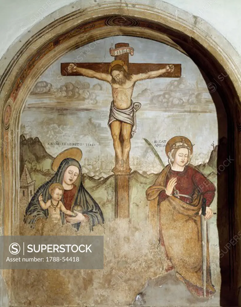 Christ Crucified with Saint Mary and Saint Catherine, 16th century fresco by unknown author, Church of the Nativita della Beata Vergine Maria, San Chirico Raparo (Potenza), Basilicata, Italy.