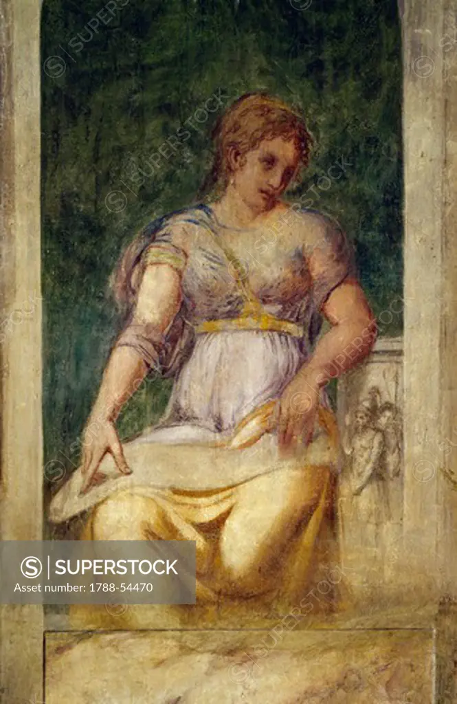 Female figure, by Lambert Sustris (ca 1515 - died 1560), fresco, central hall, Villa dei Vescovi, Luvigliano di Torreglia, Veneto. Italy, 16th century.