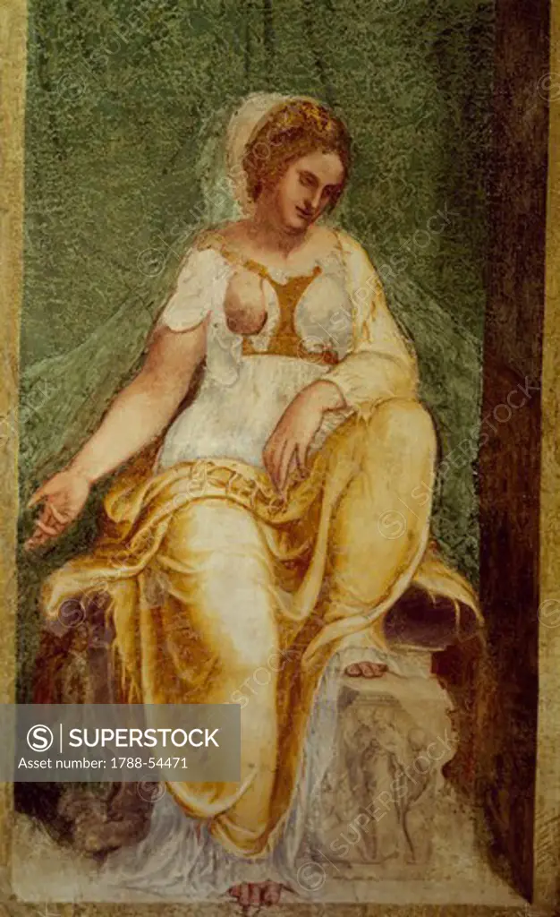 Female figure, by Lambert Sustris (1515-d. ca 1560), fresco, central hall, Villa dei Vescovi, Luvigliano di Torreglia, Veneto. Italy, 16th century.