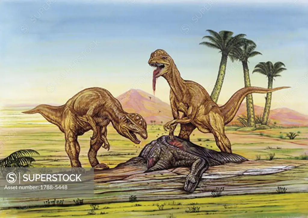 Illustration representing two Dilophosaurus feeding