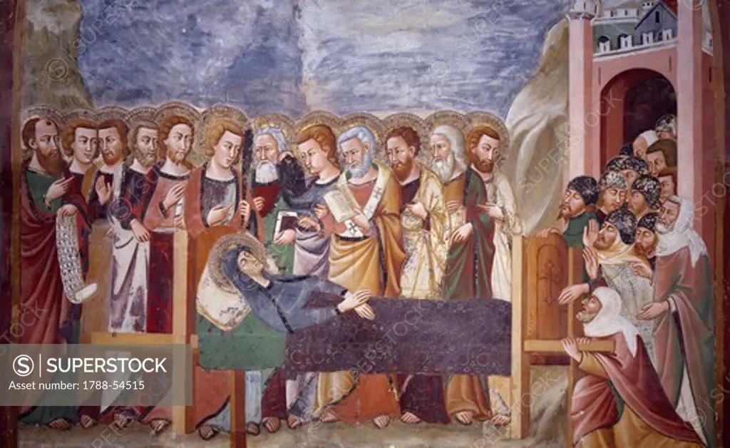 Detail from Dormitio Virginis, 14th century fresco from the Master Trecentesco of Sacro Speco School. Chapel of the Madonna in Sacro Speco Monastery, Subiaco. Italy, 14th century.