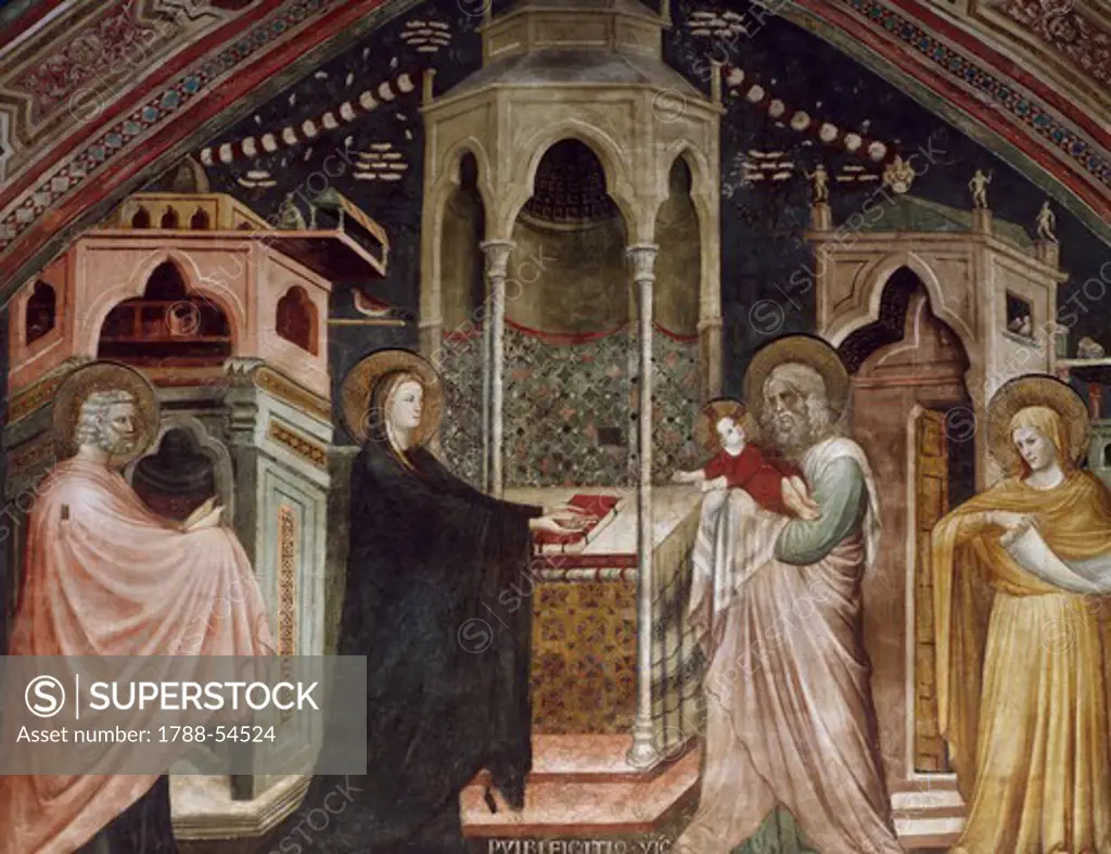 Presentation of Jesus in the temple, scene from the Life of Christ, 1320-1325, by an unknown artist, fresco, Chapel of St Nicholas, Basilica of Saint Nicolas of Tolentino, Tolentino . Italy, 14th century.