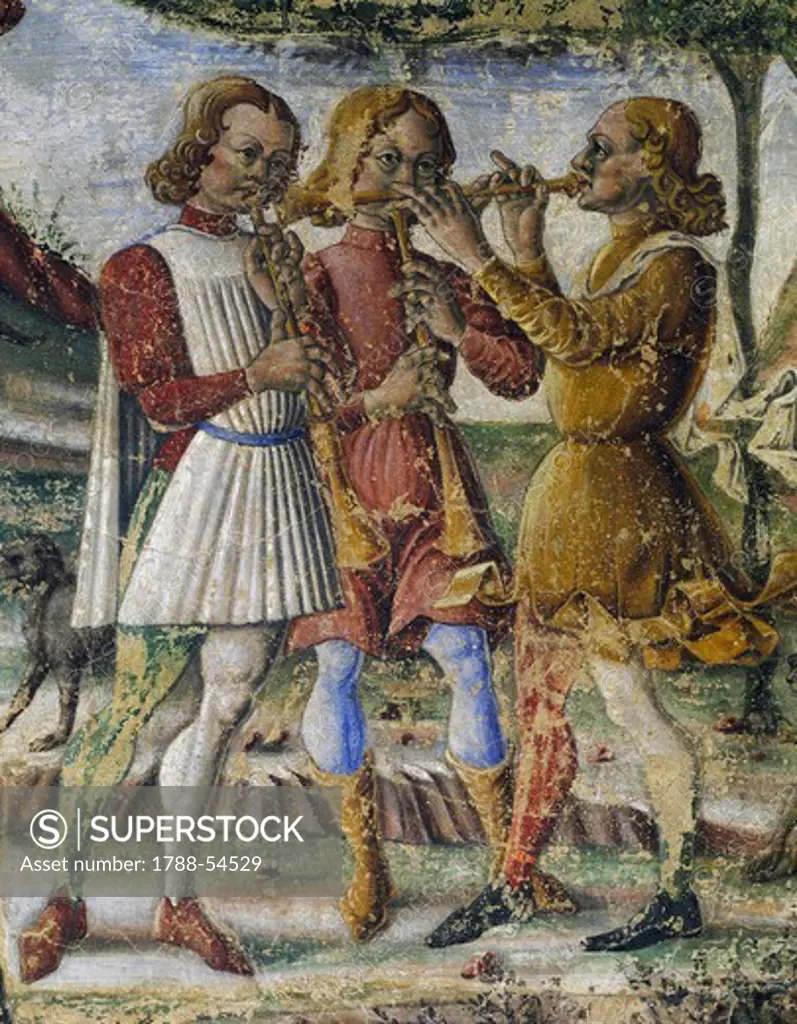 Group of musicians, detail from Triumph of Mercury, scene from Month of June, ca 1470, attributed to Master Occhi Spalancati (active 15th century), fresco, north wall, Hall of the Months, Palazzo Schifanoia (Palace of Joy), Ferrara, Emilia-Romagna . Italy, 15th century.