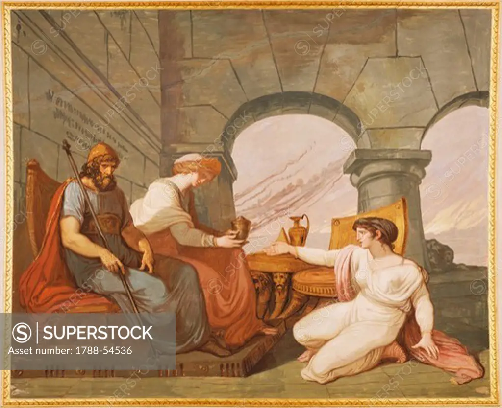 Scene from the myth of Cupid and Psyche, 1794, by Felice Giani (1758-1823), tempera on wall, Palazzo Laderchi, Faenza, Emilia-Romagna. Italy, 18th century.