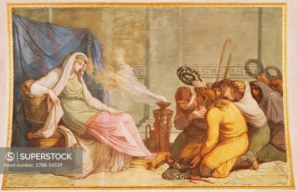 Scene from the myth of Cupid and Psyche, 1794, by Felice Giani (1758-1823), tempera wall painting, Palazzo Laderchi, Faenza, Emilia-Romagna. Italy, 18th century.