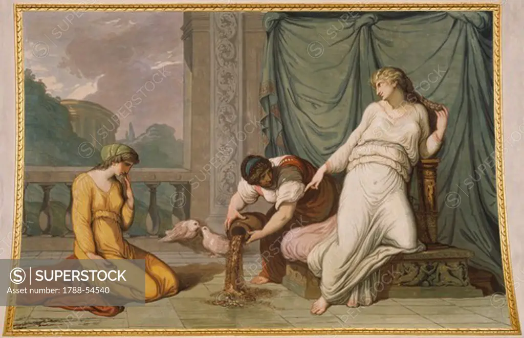 Venus ordering Psyche to separate the seeds, scene from the myth of Cupid and Psyche, 1794, Felice Giani (1758-1823), tempera wall painting, Palazzo Laderchi, Faenza, Emilia-Romagna. Italy, 18th century.