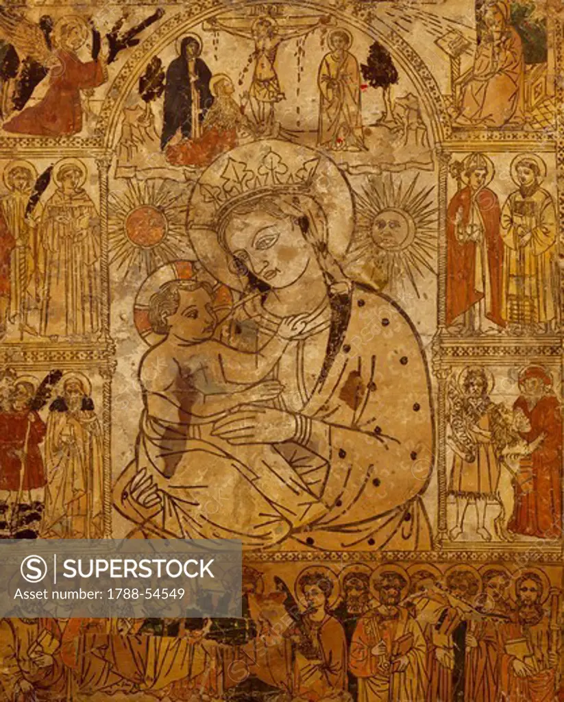 Madonna del Fuoco (Madonna of the Fire), woodcut on paper on wood panel, Santa Croce Cathedral, Forli, Emilia-Romagna. Italy, 15th century.