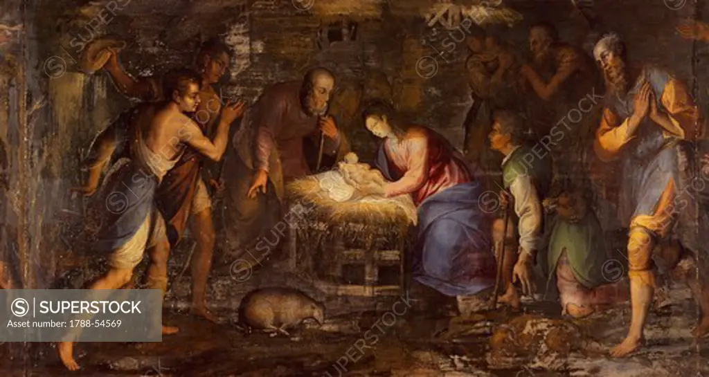 Nativity, 1600, by Giovan Battista Gualtieri. Altarpiece predella by Andrea Solario. Certosa di Pavia. Italy, 17th century.