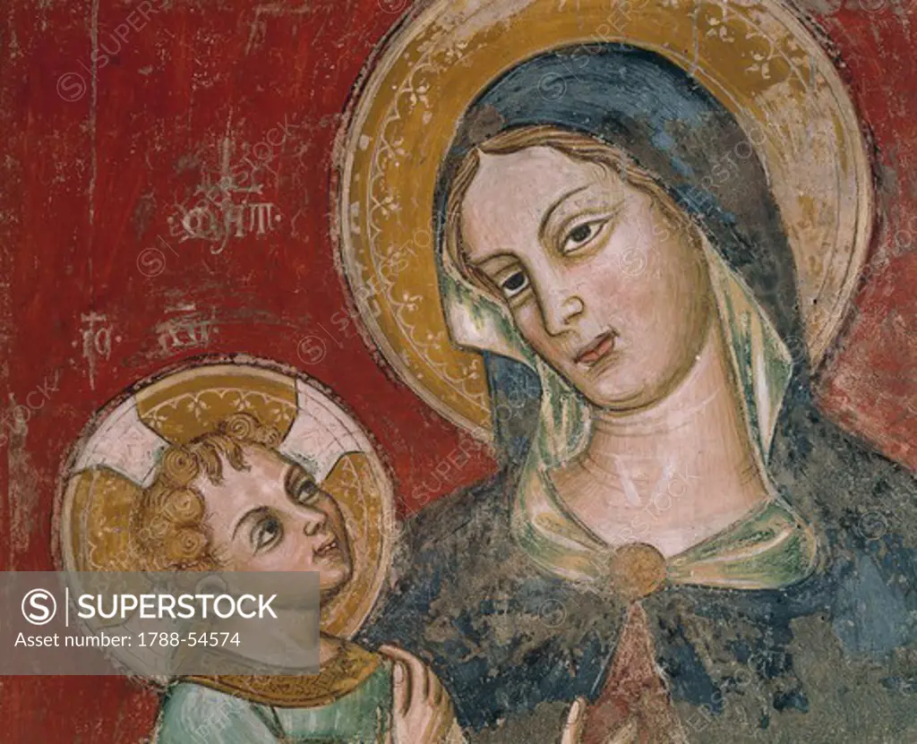 Detail of fresco depicting Madonna and Child, Basilica of Santa Caterina d'Alessandria, Galatina, Apulia. Italy, 15th century.