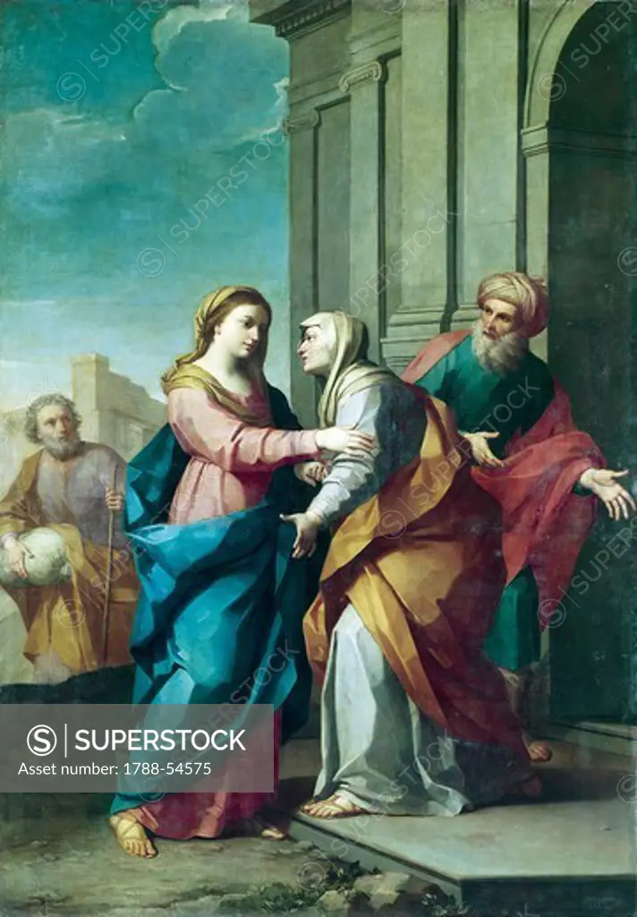Mary visiting Elizabeth, 1742, by Girolamo Donnini (1681-1743), oil on canvas. Italy, 18th century.