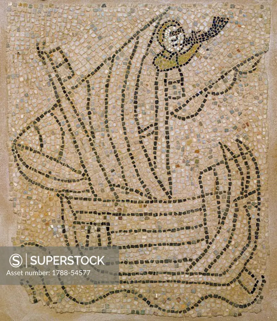 Ship with a sailor playing a horn during the Fourth Crusade, fragment of a mosaic floor, Church of San Giovanni Evangelista, Ravenna, Emilia-Romagna. Italy, 13th century.