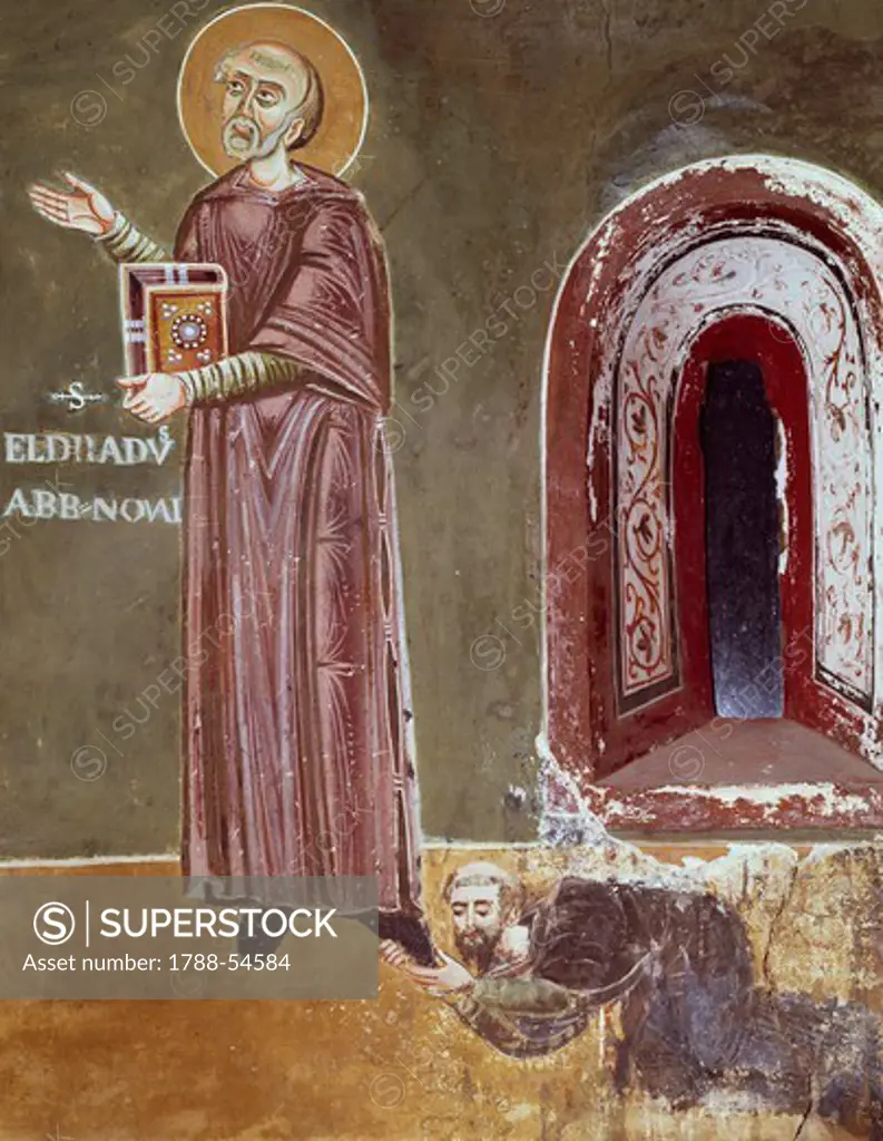 Figure of St Elrado, detail from the Life of St Eldrado, 13th-century fresco cycle, St Eldrado chapel, Novalesa Abbey. Italy, 11th century.