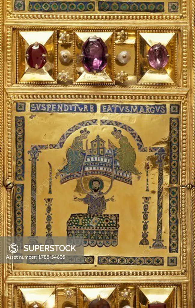 Episode in the life of St Mark, Pala d'Oro (Golden Pall) altarpiece, St Mark's Basilica, Venice. Goldsmith art, Italy, 12th-14th century. Detail.