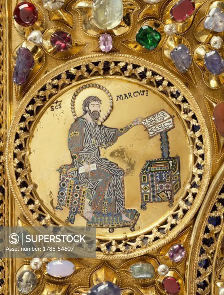 The evangelist Mark, Pala d'Oro (Golden Pall) altarpiece, St Mark's Basilica, Venice. Goldsmith art, Italy, 12th-14th century. Detail.
