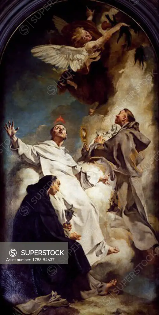 Saints Vincent, Hyacinth and Bertrand, by Giovanni Battista Piazzetta (1628-1754), Church of the Jesuits or St Mary of the Rosary, Venice. Italy, 18th century.