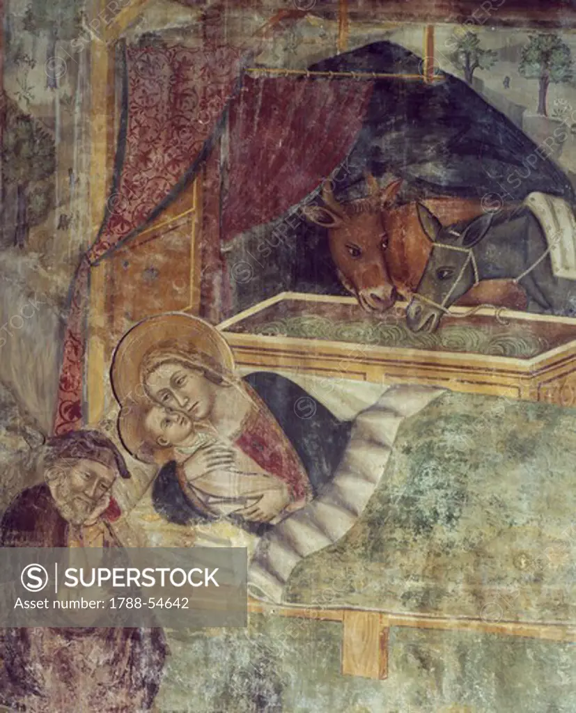The Holy Crib, detail from a 15th century fresco in the Church of St Francis, Amatrice. Italy, 15th century.