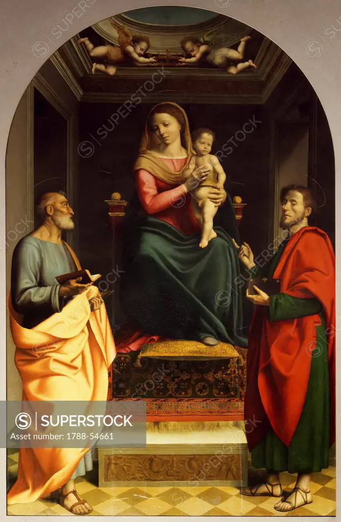 Enthroned Madonna and Child with Saints, painted in the 16th century by Albertino Piazza. Cathedral, Savona. Italy, 16th century.