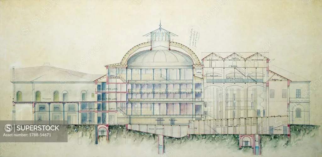 Plan of the Coccia Theatre in Novara, longitudinal section, 1888, architect Giuseppe Oliviero, plate 10. Italy, 19th century.