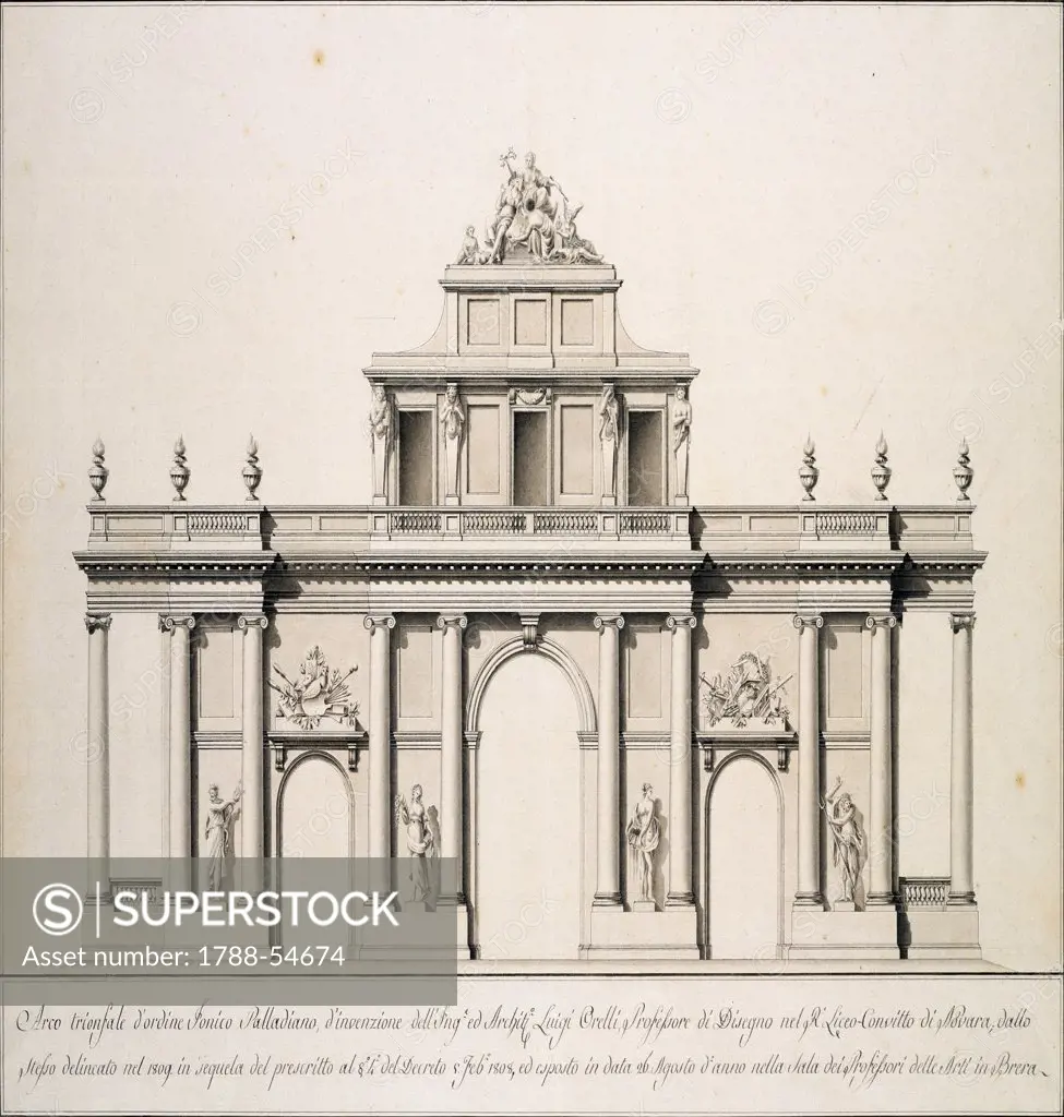Triumphant arch, 1809, plan by architect Louis Orelli, engraving. Italy, 19th century.