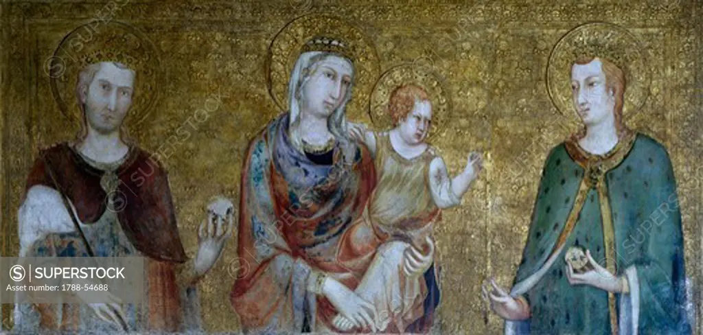 Madonna and Child between two saints, by Simone Martini (ca 1284-1344), right transept, Lower Church, Papal Basilica of St Francis of Assisi (UNESCO World Heritage List, 2000), Assisi, Umbria. Italy, 14th century.