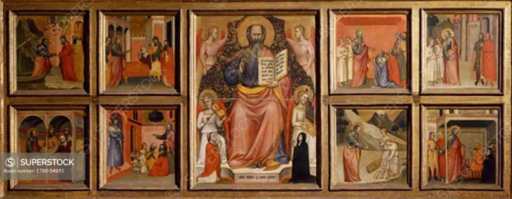 St John the Evangelist and Eight stories from his life, 1370, by Giovanni di Bartolomeo Cristiani (active from 1347, died ca 1400), tempera on wood, Church of St John Fuorcivitas, Pistoia, Tuscany. Italy, 14th century.