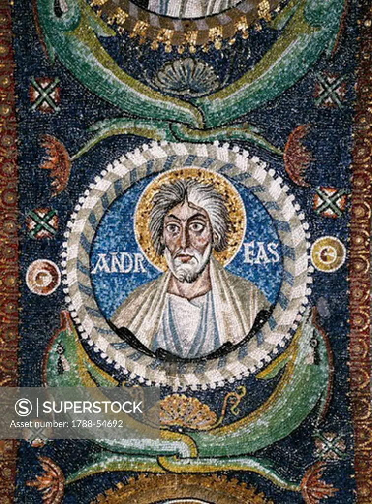 Clipeus with St Andrew's image, mosaic, intrados of the arch at the entrance to the presbytery, Basilica of San Vitale (UNESCO World Heritage List, 1996), Ravenna, Emilia-Romagna. Italy, 6th century.