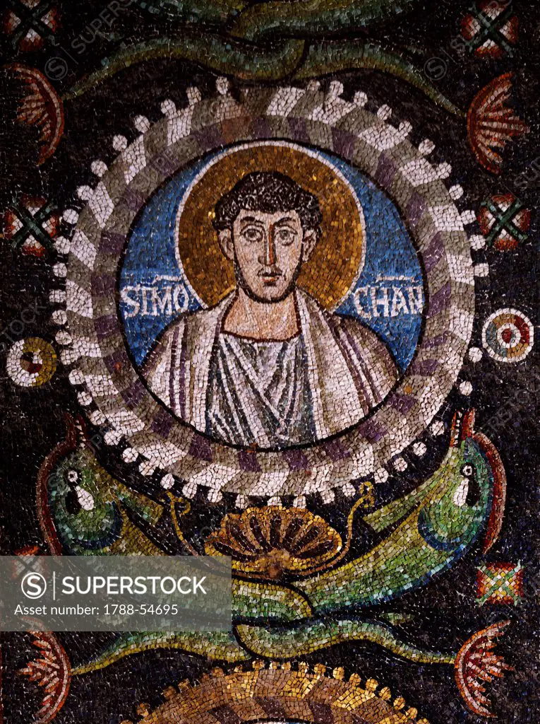 Clipeus with St Simon the Zealot's image, mosaic, intrados of the arch at the entrance to the presbytery, Basilica of San Vitale (UNESCO World Heritage List, 1996), Ravenna, Emilia-Romagna. Italy, 6th century.