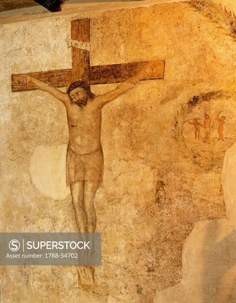 Christ Crucified, by an unknown artist, fresco, Convent of the Shrine of St Rita of Cascia, Cascia, Umbria. Italy, 15th century.