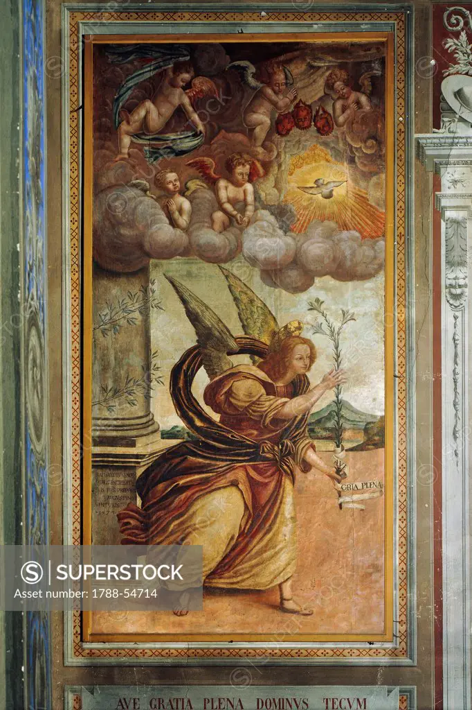 Annunciation, fresco by Raphael Giovenone (News from 1572 to 1604). Church of San Sebastiano, Biella. Italy, 16th century.
