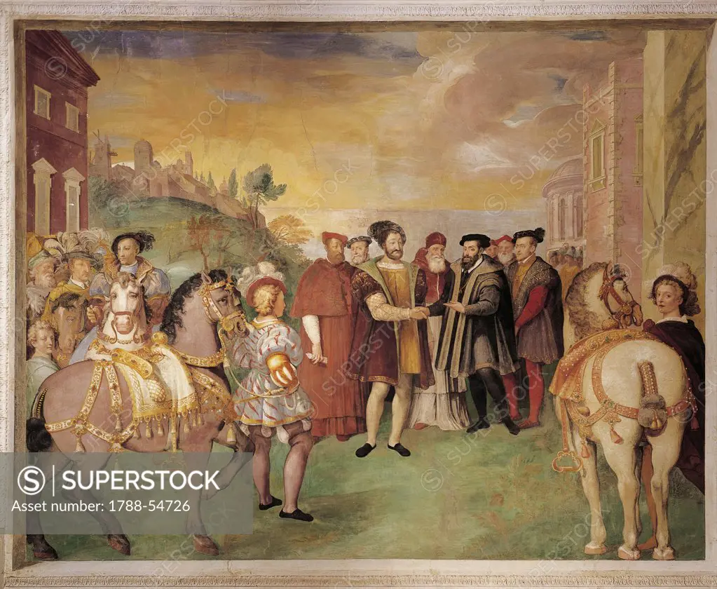 The Truce of Nice, fresco by the brothers Taddeo and Federico Zuccari, 1560-1566 in the Hall of Farnesina Magnificience of Palazzo Farnese, Caprarola. Italy, 16th century.