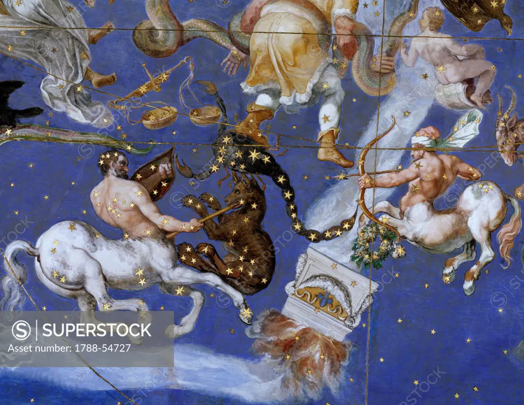 The Zodiac and the Costellations, 1574, detail from the fresco on the ceiling of the Hall of Maps, Palazzo Farnese at Caprarola. Italy, 16th century.