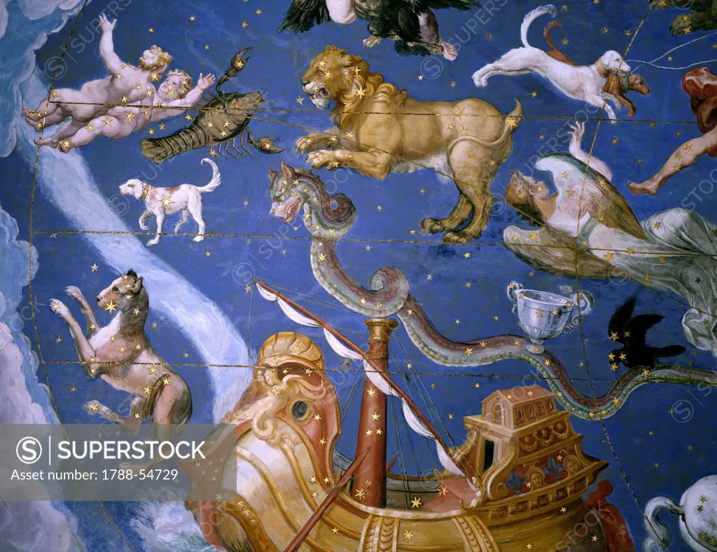 The Zodiac and the Costellations, 1574, detail from the fresco on the ceiling of the Hall of Maps, Palazzo Farnese at Caprarola. Italy, 16th century.