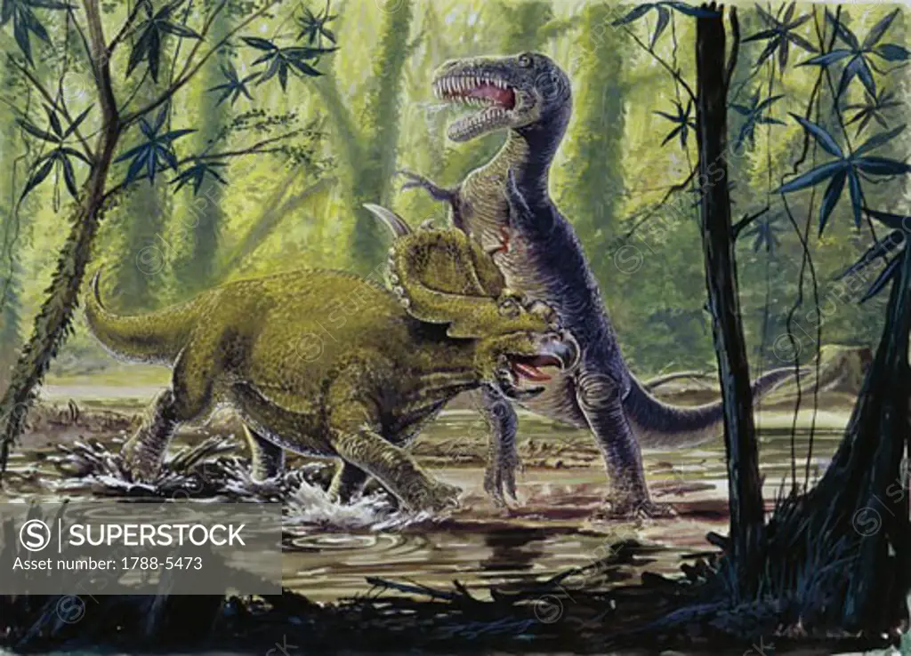 Illustration representing dinosaures in prehistoric landscape